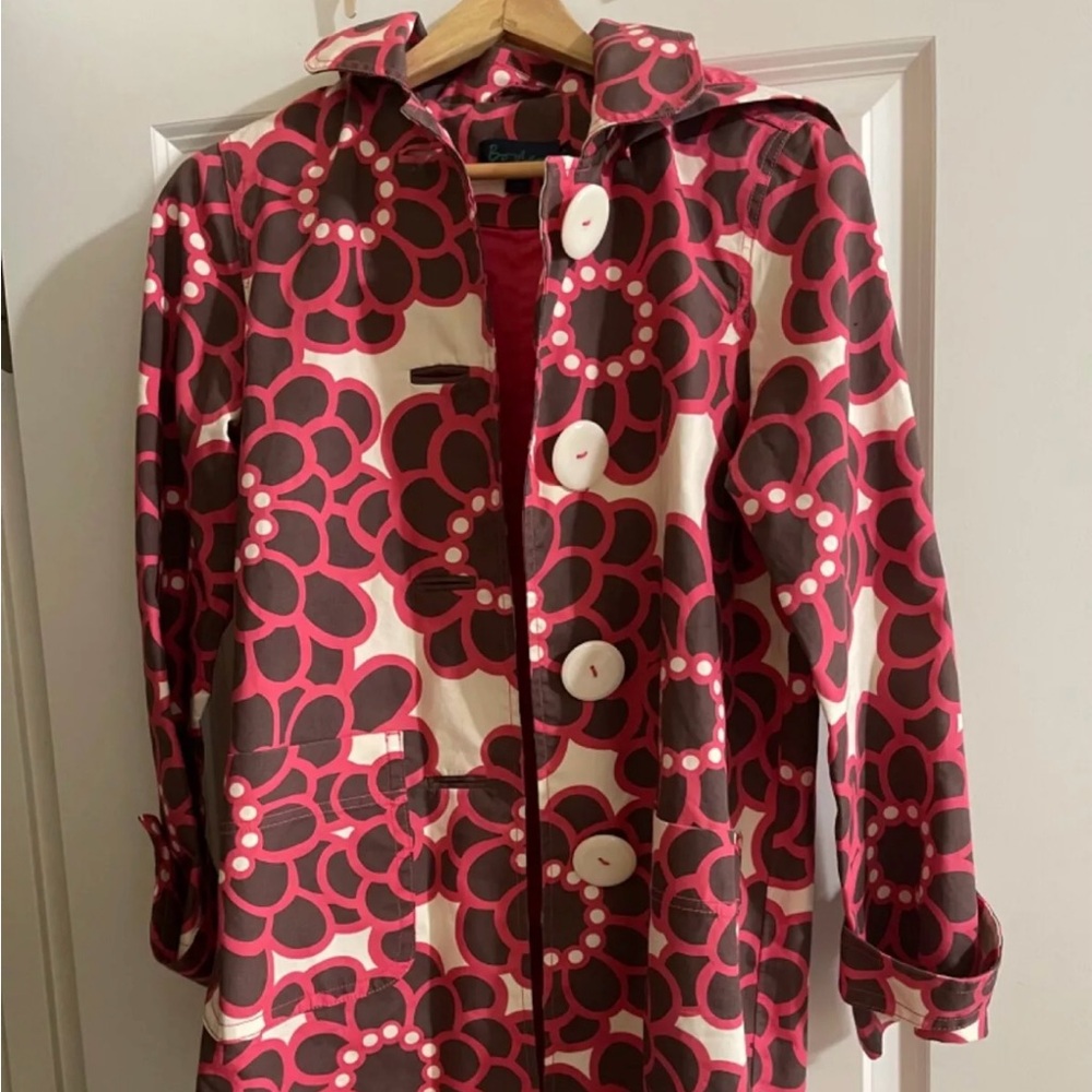 Boden Pinkish Red / Brown Floral Rainyday Mac Raincoat Jacket Coat Size 16